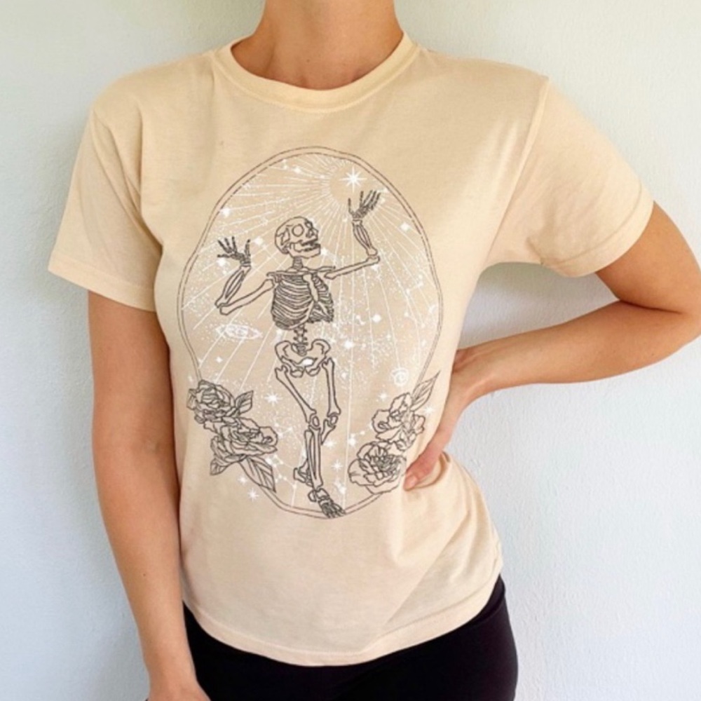Mighty Fine blush pink celestial floral happy dancing skeleton tee size XS